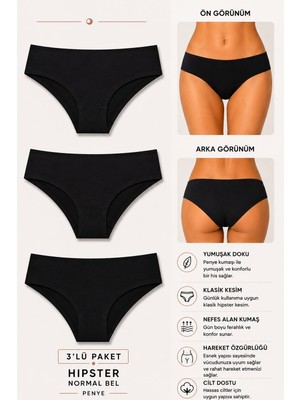 Ka Art Gallery 3lü HİPSTER. Premium Pamuklu Basic Normal Bel Külot. Siyah