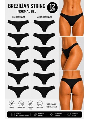 Ka Art Gallery 12li BRAZİLİAN STRİNG. Premium Pamuklu Basic Normal Bel Külot. Siyah