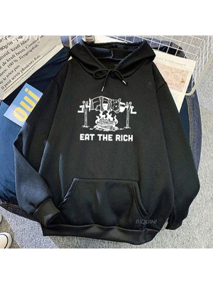 Tarzsokak Siyah Unisex Zengin Grafik Karikatür Yemek Rahat Hip Hop Streetwear Yuvarlak Boyu