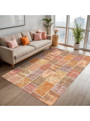 Ozka Concept Latte Dizayn Mileni Patchwork Desenli Şönil Pamuk Tabanlı Yıkanabilir Kaymaz Antibakteriyel Salon H