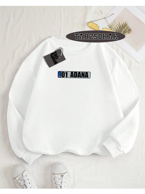 Tarzsokak Biskilet Yaka Sweatshirt Beyaz 01 Adana Özel Tasarım Plaka Detaylı