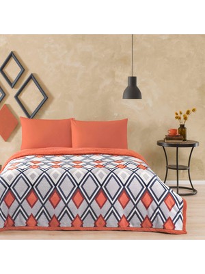 Ozka Concept Taç Harlow Geometrik DESENLI%100 Pamuk Battaniye Takımı, Turuncu, Çift Kişilik