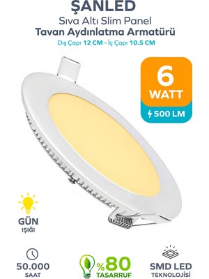ŞANLED 6W Tasarruflu LED Yuvarlak Gün Işığı Sıva Altı Slim Panel 1 Adettir