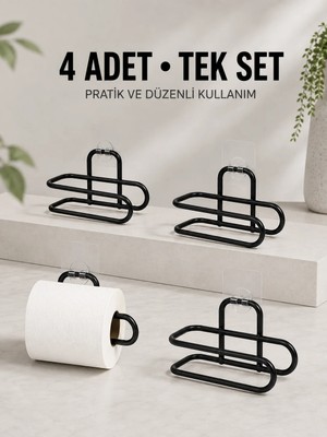 AKM Duvara Yapışkanlı Wc Kağıtlık Siyah Metal 4 Adet Tuvalet Kağıdı Rulo Askısı