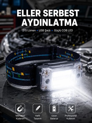 AKM Kompakt LED Kafs Feneri USB Şarjlı Manyetik 2 Işık Modlu 215 Lümen Yeni Nesil