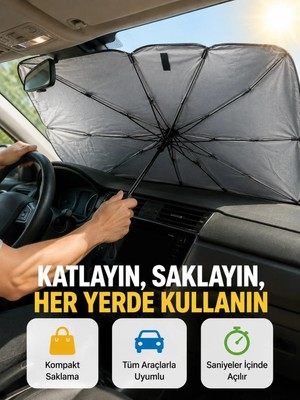 AKM Dayanıklı Upe Alaşımlı Şemsiye Tipi Araç Güneşliği - Kolay Katlanır Yeni Nesil
