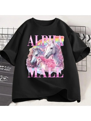 Tarzsokak Siyah Alfa Unicorn Komik Tshirt Ironik Vintage Garip Meme K R