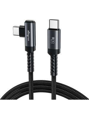 Voultage Type-C To Type-C 60W Pd Hızlı Şarj Kablosu, 1 Metre, 90° Dirsek Uçlu Usb-C Kablo, 3A, 480 Mbps Veri Aktarımı, Örgülü Naylon, Telefon, Tablet ve Bilgisayar Uyumlu – Siyah