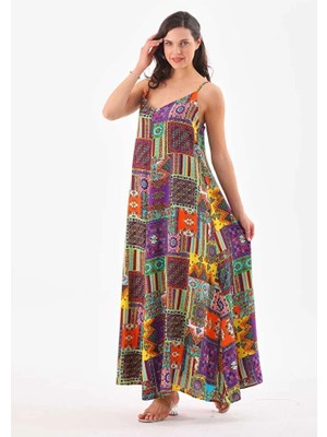 Navy Patchwork Düz Askılı Elbise