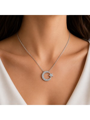 AngelViva 925 Ayar Gümüş Zirkon Taşlı Ay Yıldız Kadın Kolyesi (Gold & Silver Renk Seçenekli)