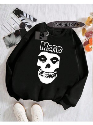 Tarzsokak Biskilet Yaka Sweatshirt Siyah Misfits Punk Özel Tasarım