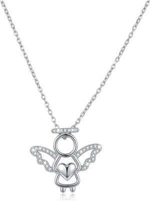 AngelViva 925 Ayar Gümüş Zirkon Taşlı Kalpli Melek Kadın Kolyesi (Gold & Silver Renk Seçenekli)