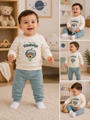 Serpil Erkek Bebek Ayıcık Baskılı 2’li Takım Uzun Kollu Sweatshirt ve Eşofman Altı