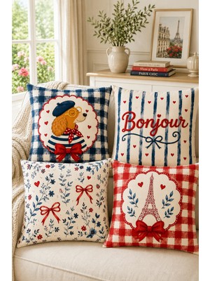 Ays Home Bonjour 4'lü Dekoratif Ev Bahçe Kırlent Kılıfı Seti (Çift Taraflı 43X43 )