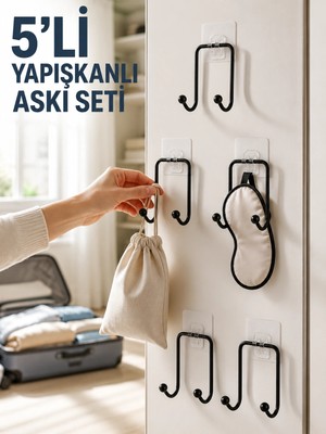 Aslanoğlu Store Mey Ithalat® 5 Adet Yapışkanlı Askı Çok Amaçlı Mutfak Banyo Düzenleyici Askılık