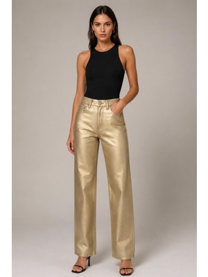 Metalik Görünümlü Wide Leg Pantolon