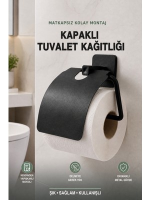 Risingmaber Siyah Yapışkanlı Metal Kapaklı Tuvalet Kağıtlığı Wc Kağıtlık ve Tuvalet Kağıdı Askısı MT134S