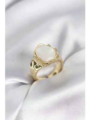 TeknoKapsül Gold Renk Beyaz Taşlı Vintage Kadın Yüzük