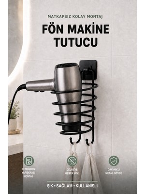 Risingmaber Siyah Yapışkanlı Banyo Saç Kurutma Makinesi Askısı, Fön Makine Askısı ve Çift Kancalı Askılı Fön Makinelik MT136S