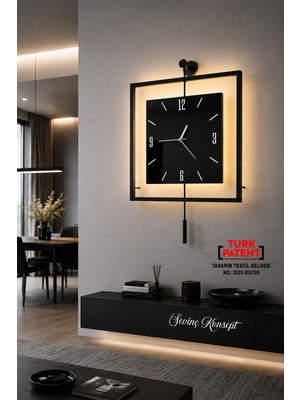 Led'li Siyah Quadro Kare Nero Orta Boy, Modern Dekoratif Sarkaçlı Metal Duvar Saati