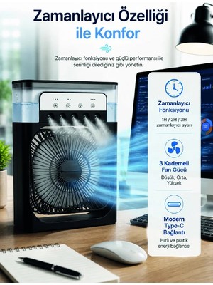 Aslanoğlu Store Su Hazneli Püskürtmeli Fan 1-3-5 Püskürtme Seçeneği, Type-C Güç Girişi