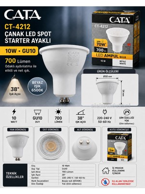 Cata 10W Beyaz GU10 Duylu Çanak LED Spot Ampul 6400K (Starter Duylu) 220 Volt 10 Watt