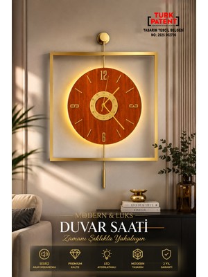 Sevinç Konsept LED Gold Quadro Yuvarlak Ceviz Göbek (45 x 65 Cm), Modern Dekoratif Sarkaçlı Metal Duvar Saati