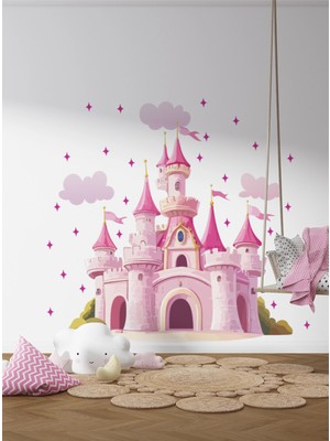 S Digital Disney Tarzı Pembe Şato Duvar Sticker Seti | Kız Çocuk Odası Için 100X95 cm Folyo Duvar Dekoru