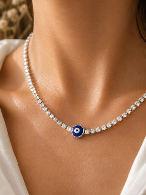 CM Jewelry Zirkon Taşlı Su Yolu Nazar Boncuklu Gümüş Renk Çelik Kolye