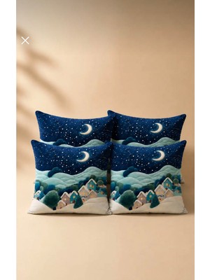 Ay Işığı Kış Köyü Desenli Dekoratif Salın Yastık Kırlent Kılıfı 4’lü Set