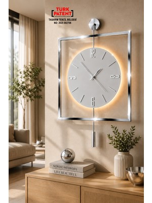 Aga Konsept LED Işıklı Krom Rengi Quadro Yuvarlak Kristal 45 x 65 Cm, Modern Dekoratif Sarkaçlı Metal Duvar Saati