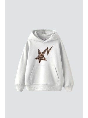 Tarzsokak Leopar Falling Star Baskılı Oversize Unisex Premium Beyaz