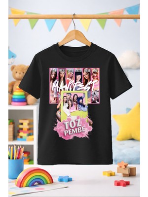 Zeycem Manifest Tozpembe Desen Baskılı Çocuk Unisex Tshirt Beyaz Pembe Siyah