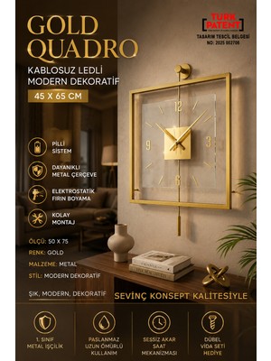 Sevinç Konsept Gold Quadro Kare Şeffaf Luxe 45 x 65 Cm, Modern Dekoratif Sarkaçlı Metal Duvar Saati