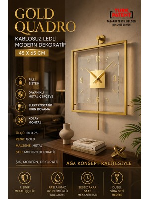 Aga Konsept Gold Quadro Kare Şeffaf Luxe 45 x 65 Cm, Modern Dekoratif Sarkaçlı Metal Duvar Saati