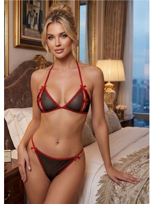 Pileli Store Siyah Kırmızı Tül Sütyen Takım 2' Li - 6521