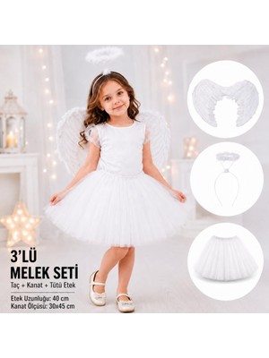 Uravas Store Çocuk Beyaz Melek Kostüm Seti – Melek Kanadı, Taç ve Tütü Etek 3’lü Set