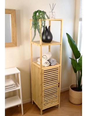 1001 Bambu Tek Kapaklı 3 Raflı Çok Amaçlı Banyo Düzenleyici Organizer Dik Dolap DB-0037