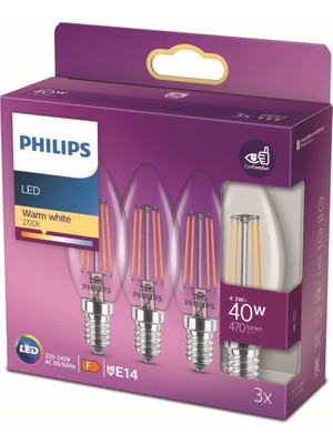 1001 LED Classic 40W B35 LED Mum Filament Ampul, 2700K Sarı Işık, E14 Ince Duy, Dim Edilmez, 3'lü Ek