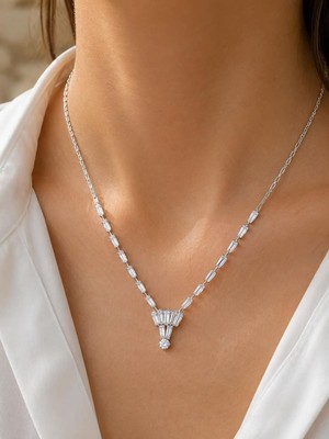 CM Jewelry Baget Zirkon Taşlı Gümüş Renk Kararmaz Çelik Su Yolu Kolye