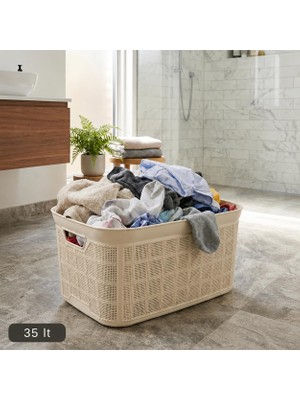 1001 35 Lt Örgü Desenli Plastik Çamaşır Sepeti, Krem Rengi Temiz Çamaşır Selesi, Kulplu Büyük B