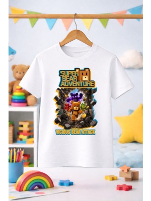 Zeycem Super Bear Adventure Süper Ayı Yeni Desen Baskılı Çocuk Unisex Tshirt Mavi Beyaz Pembe Siyah