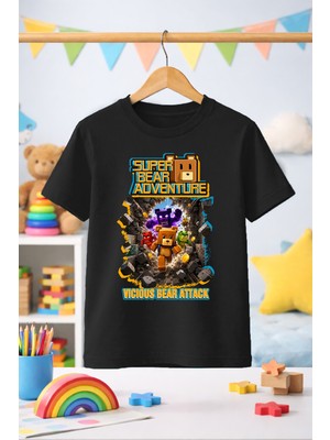 Zeycem Super Bear Adventure Süper Ayı Yeni Desen Baskılı Çocuk Unisex Tshirt Mavi Beyaz Pembe Siyah