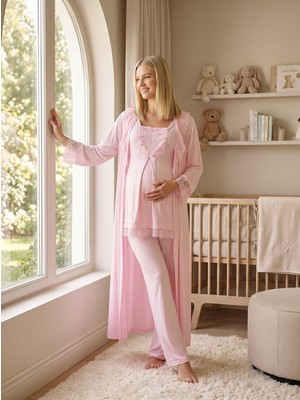 Lohussa Yeni Sezon Pembe Yazlık Uzun Sabahlıklı Dantel Detaylı Tasarım Düğmeli %100 Pamuk Sabahlık Pijama Takımı Seti