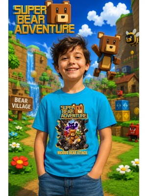 Zeycem Super Bear Adventure Süper Ayı Yeni Desen Baskılı Çocuk Unisex Tshirt Mavi Beyaz Pembe Siyah