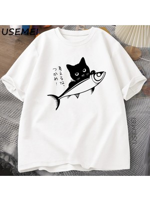 Tarzsokak Siyah Kedi T-Shirt Komik Japon Balık Tshirt Kawaii Kedi Sevgilisi T Shirt Kadın Erkek Grafik 2944