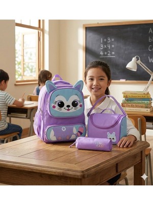 1001 Sevimli Kedi Ilkokul Çanta Seti Mor Unisex
