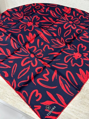 Vissona Twill Ipek Büyük Çiçek Desenli Eşarp Lacivert