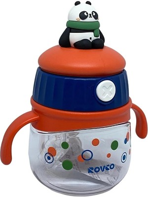 1001 Rovco 240ML Pipetli Hayvan Kapaklı Akıllı Pipet Toplu Tritan Su Matarası (Turuncu Panda)