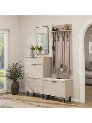Roomart Nord Vestiyer Takımı Lambri Askılıklı, Ayakkabılık Dolabı, Kapaklı Bench, Modüler, Dikdörtgen Oval Aynalı Portmanto Takımı